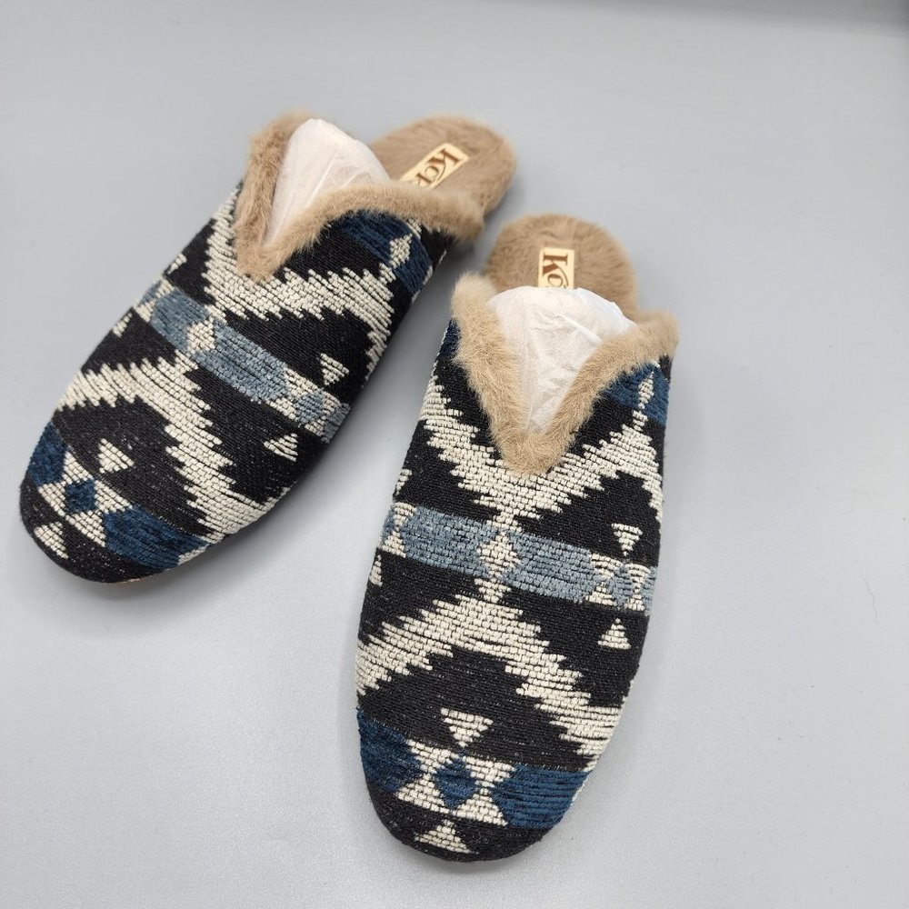 Kork-Ease Black, White & Blue Patterned Fur-Trim Mules